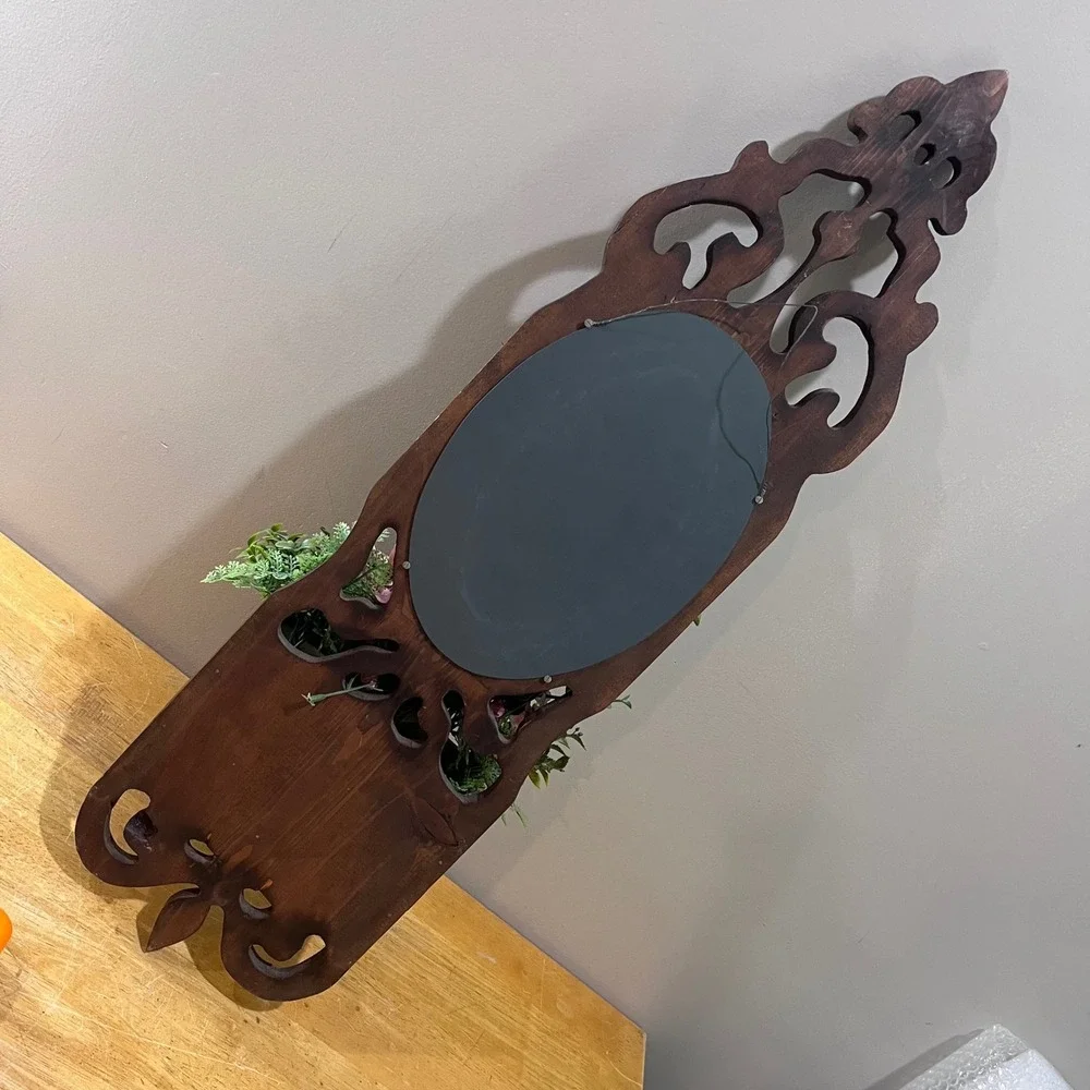 Vtg Rustic Wood Wall Pocket‎ Planter with Mirror Scrollwork Farmhouse Decor 32